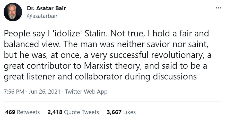 Tweet: People say I 'idolize' Stalin.